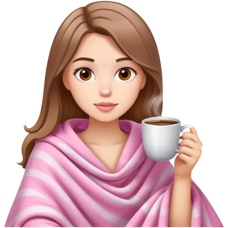 White brown hair pretty girl in a pink blanket sipping coffee