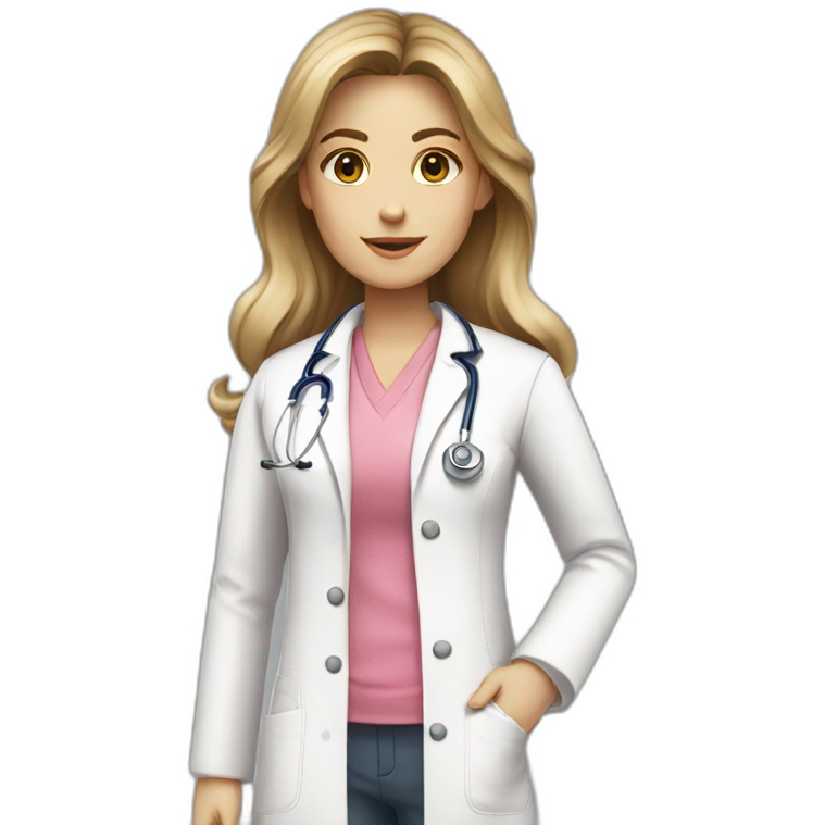 Doctor dark blond hair pink undershirt with white coat