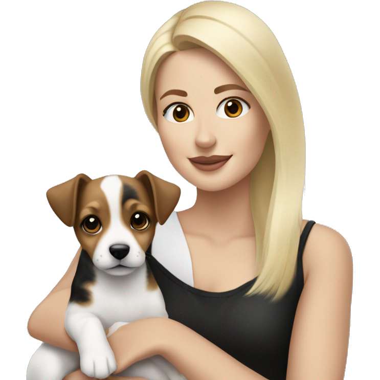 Blonde woman holding a black brown and white jack russell terrier puppy