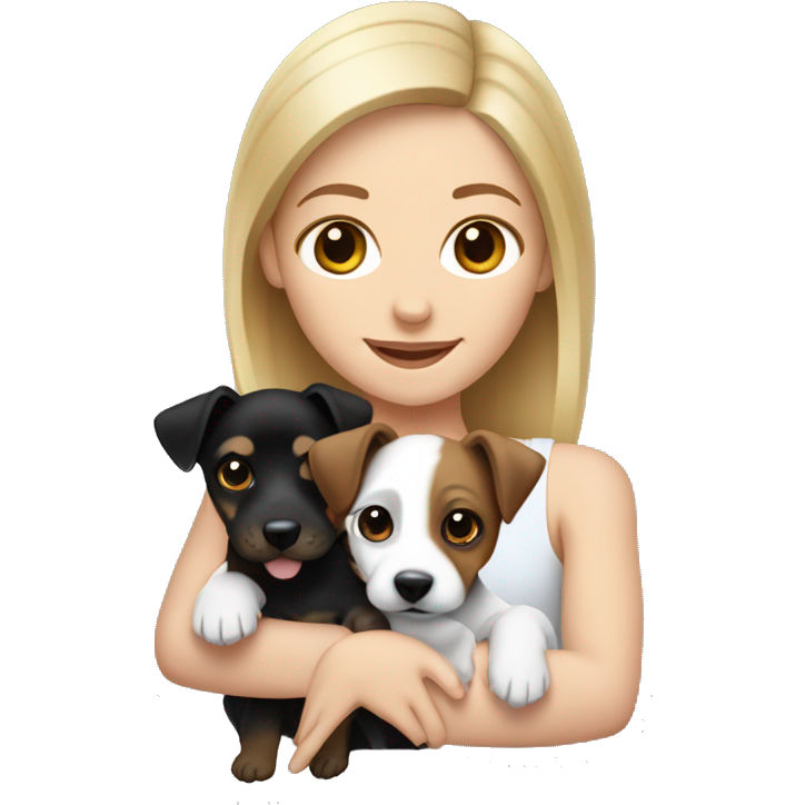 Blonde woman holding a black brown and white jack russell terrier puppy