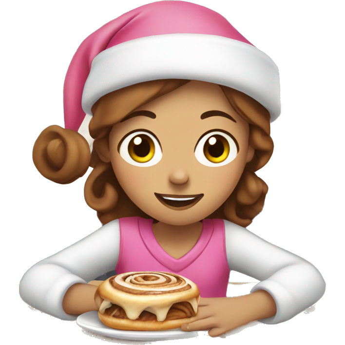 Girl with freckles and brown hair wearing pink santa hat and eating cinnamon roll