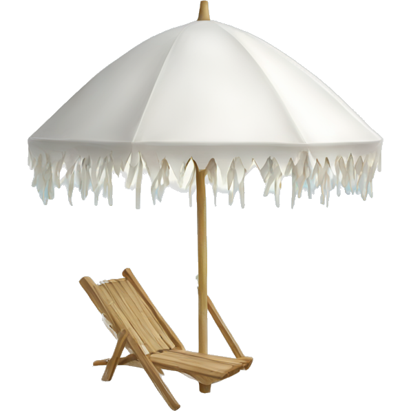 White beach umbrella with short white tassels and a straight wooden pole