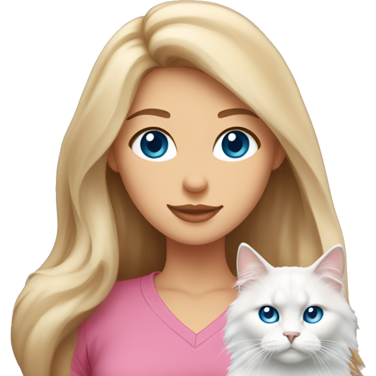 Woman with long brown hair and pink shirt and holding a all white Siberian cat with blue eyes