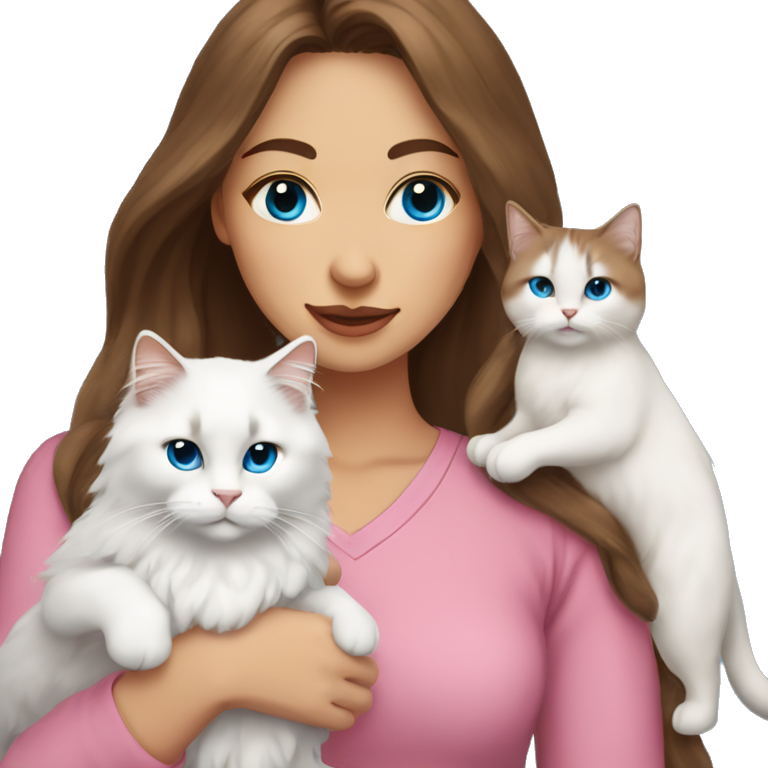 Woman with long brown hair and pink shirt and holding a all white Siberian cat with blue eyes