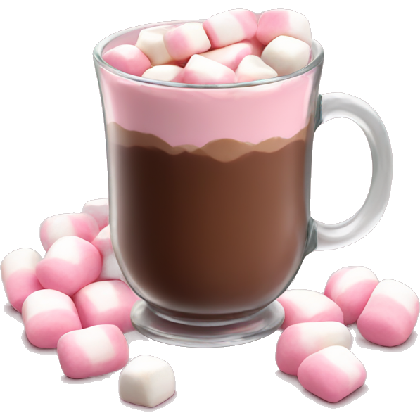 Hot chocolate in glass mug with lots of pink and white marshmallows