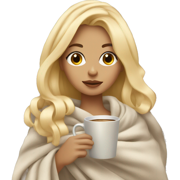 Girl wrapped in blanket drinking coffee blonde hair