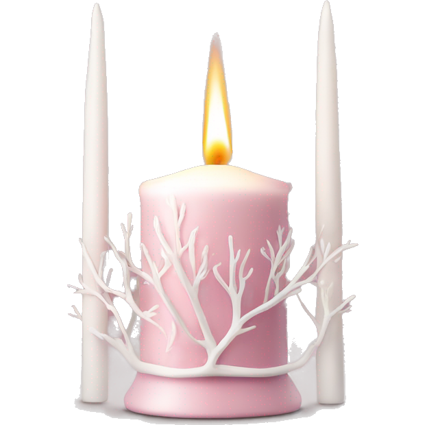 Pink candle holder with white trees and a beautiful white candle