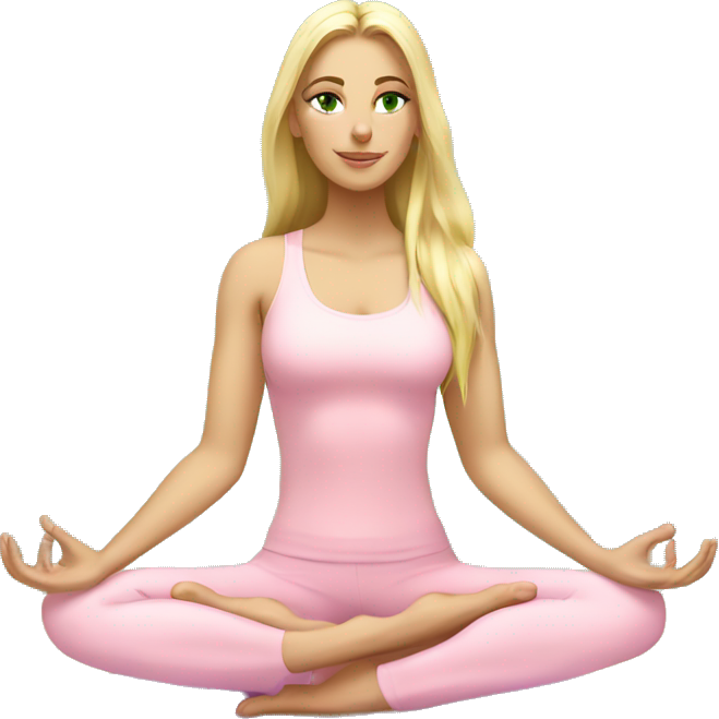 Blonde long hair and green eyes yoga girl in light pink clothes sitting on a yoga mat