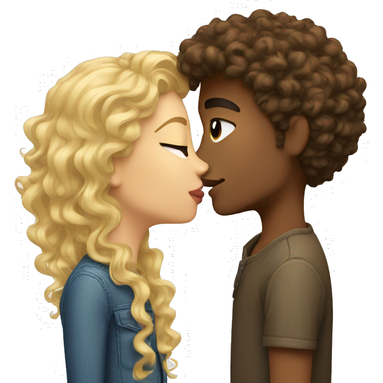 Blonde curly hair girl kissing tall brown hair guy