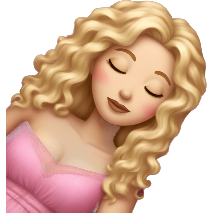 Gorgeous white woman with long blonde curly hair sleeping on pink princess bed