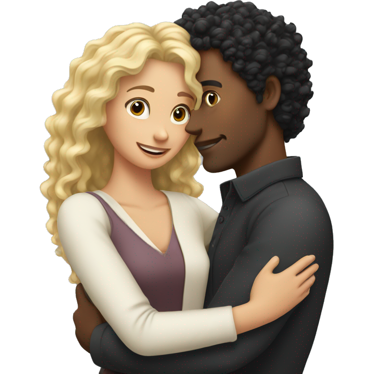 Man with blonde curly hair hugs woman with black straight hair
