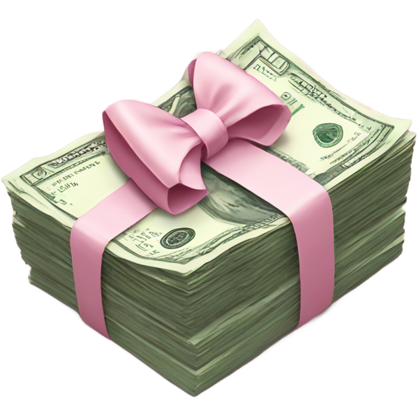 Stack of money tied together with a light pink bow