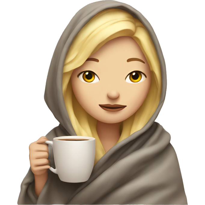 Blonde girl inside a blanket sipping coffee eyes closed