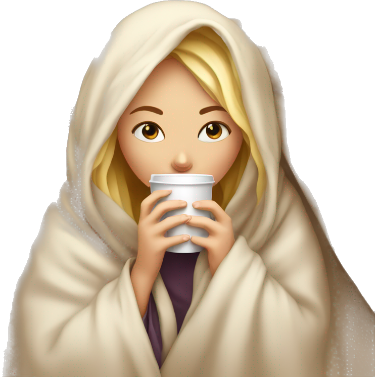 Girl inside a blanket sipping coffee eyes closed blonde