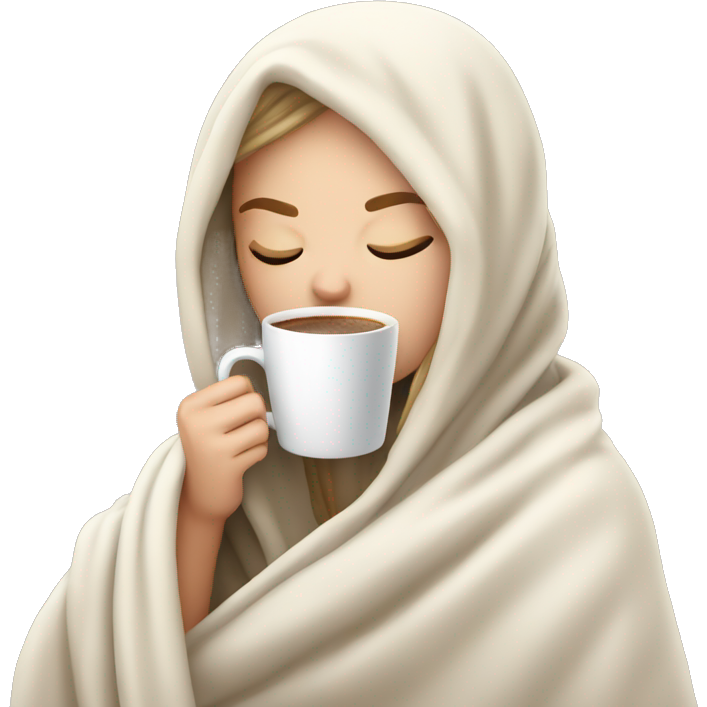 White girl inside a blanket sipping coffee eyes closed