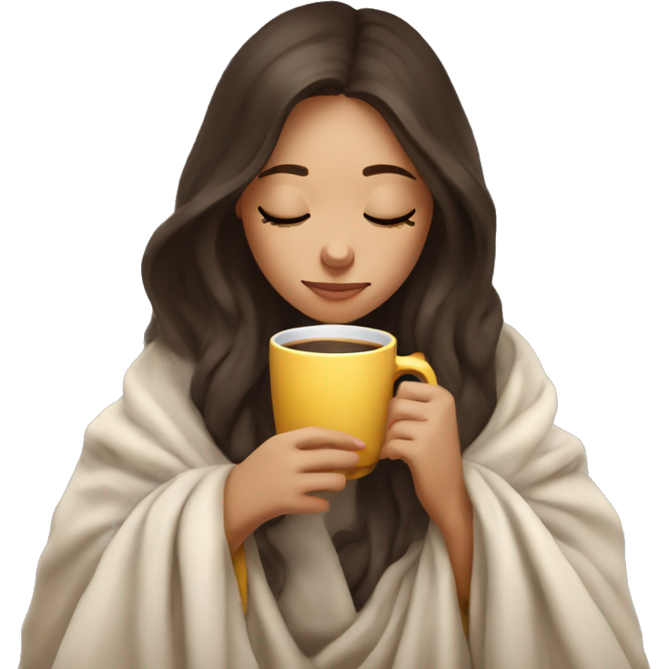Girl brunette inside a blanket sipping coffee eyes closed