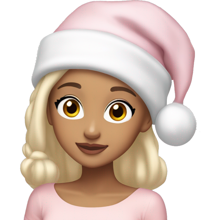 Ariana grande in a light pink christmas outfit wearing a light pink and white christmas hat with short light cold blonde hair