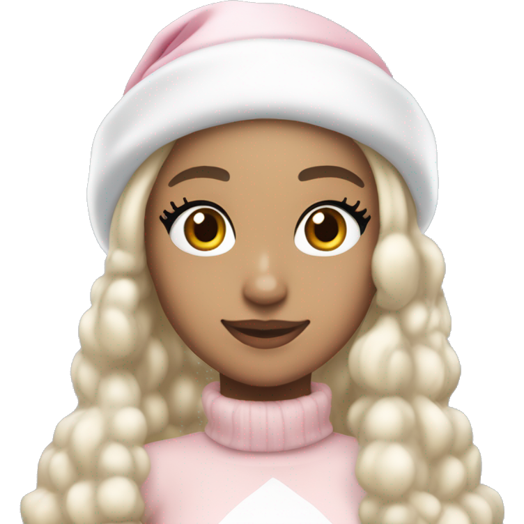 Ariana grande in a light pink christmas outfit wearing a light pink and white christmas hat with short light cold blonde hair