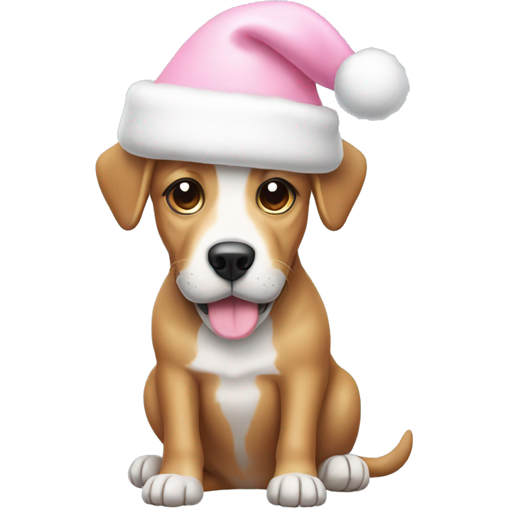 Dog with light pink Christmas hat and white bone in mouth