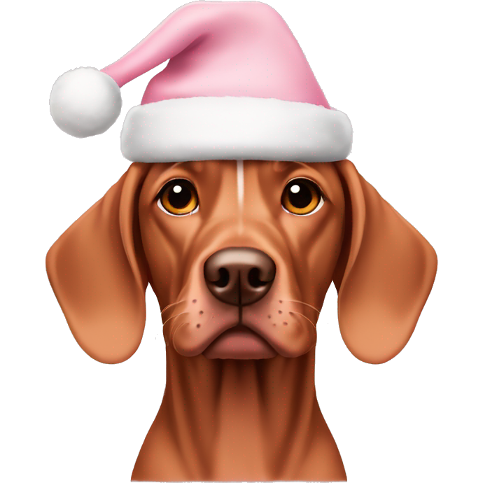 A vizsla dog with a light pink Christmas hat