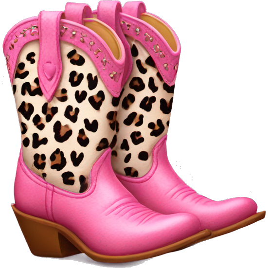 Realistic pair of isolated leather cowgirl boots with pink leopard print hearts on them.