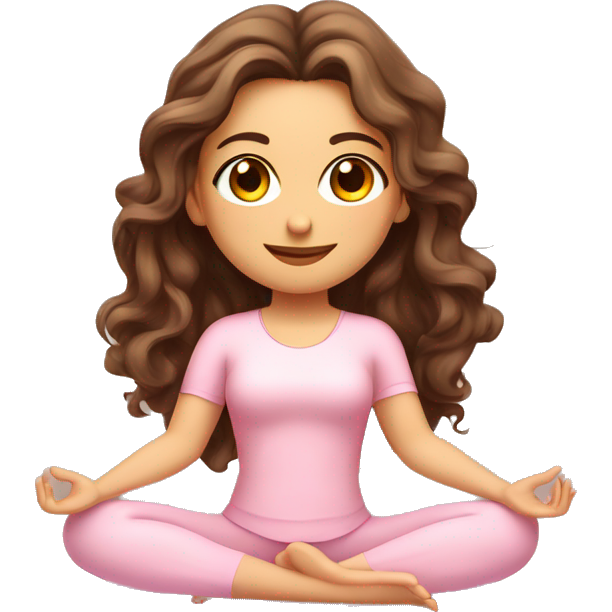 Brunette long curled hair and hazel eyes yoga beautiful girl in light pink clothes sitting on a yoga mat
