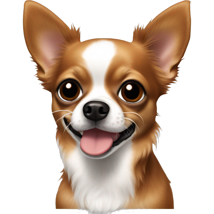 Brownish red long hair chihuahua with a black blob around nose and black nose and white patches