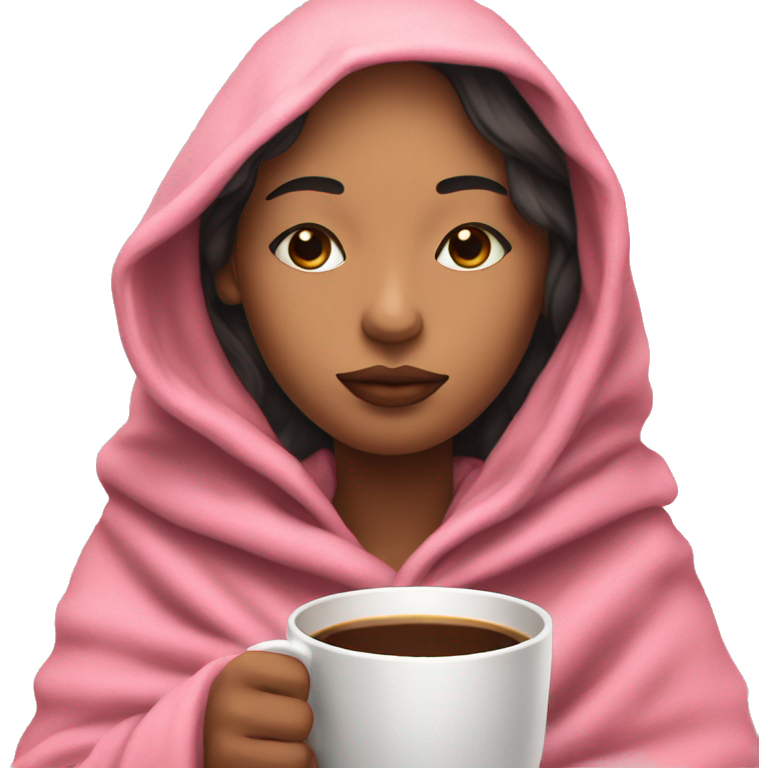 Line drawing girl inside a pink blanket sipping coffee eyes closed
