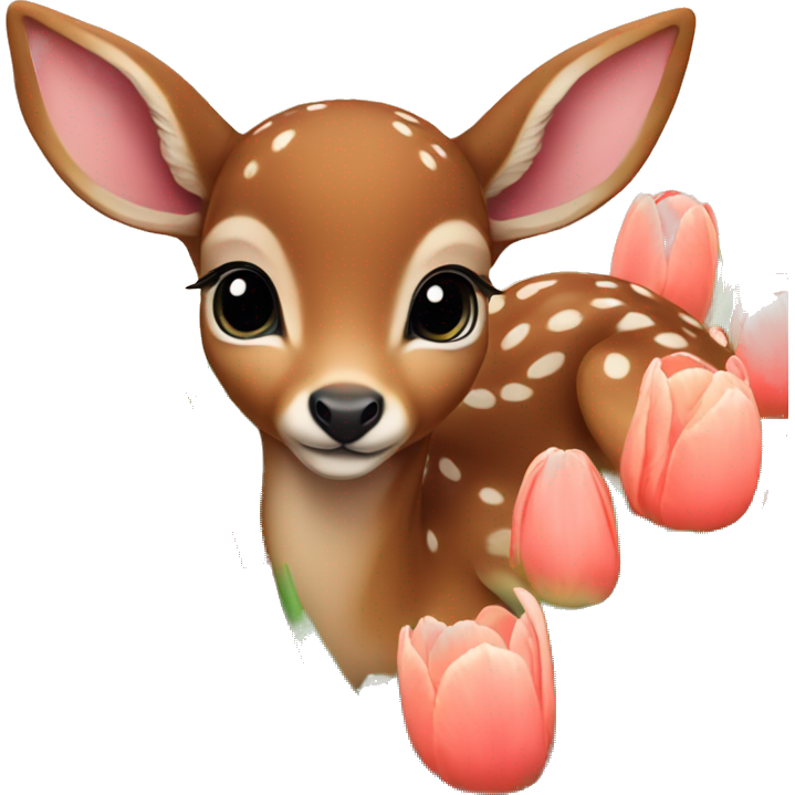 A baby deer laying in a field of tulips