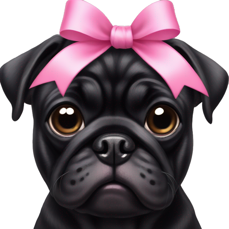 A black pug with a pink bow on its head