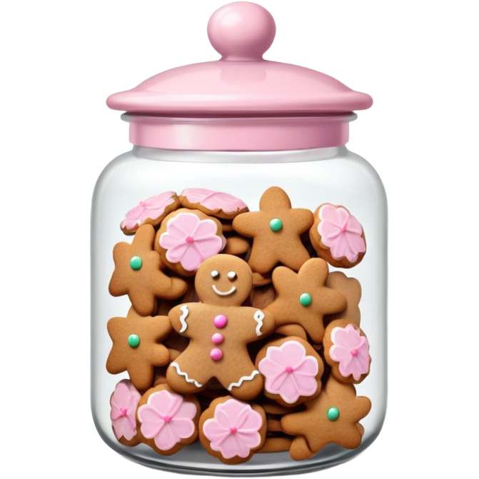 Realistic glass cookie jar with light pink lid full of gingerbread cookies isolated.
