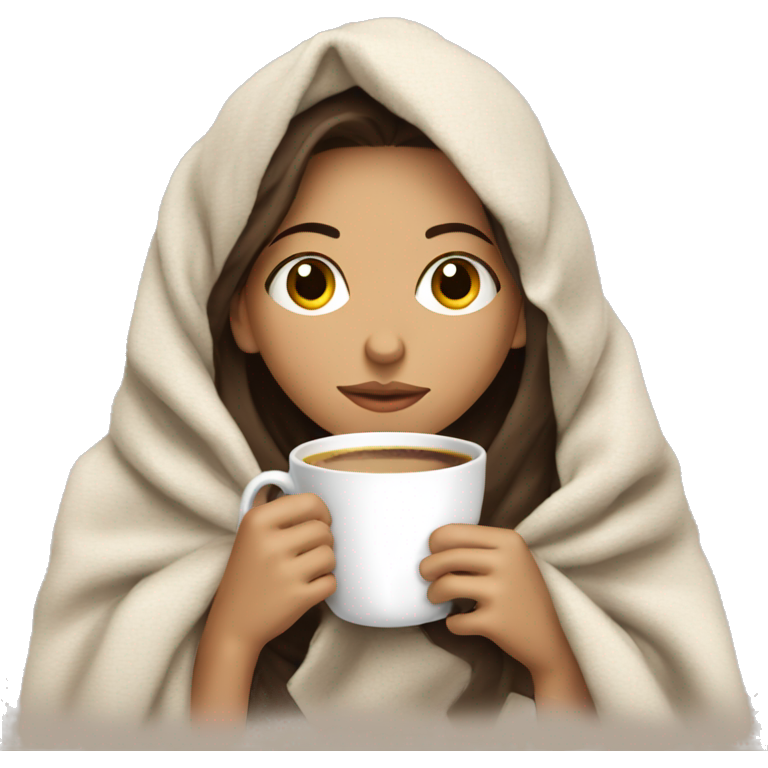 Girl inside a blanket sipping coffee eyes closed, brunette with fair skin