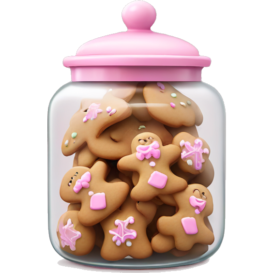Realistic glass cookie jar with light pink lid full of gingerbread cookies isolated.