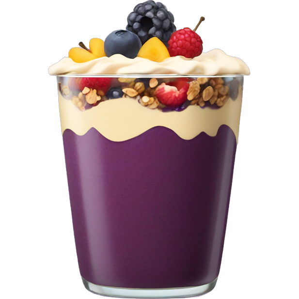 Açaí in a clear cup with layers of fruits and granola and condensed milk