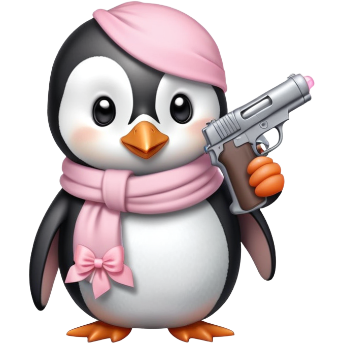 Cute penguin wearing light pink bow scarf not on head and holding light pink gun