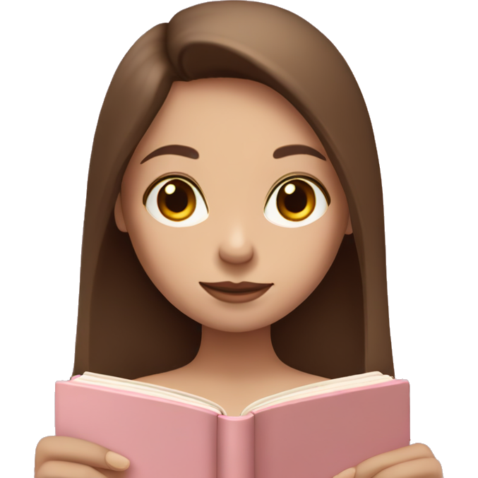 Girl with fair skin and long brown hair holding a closed pale pink book