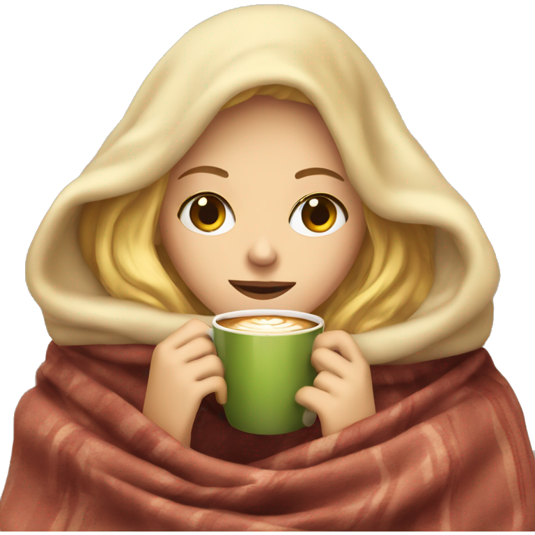 Blonde girl inside a blanket sipping coffee eyes closed