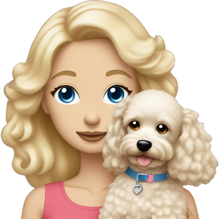 Blonde woman straight hair blue eyes hugging cream colored poodle puppy