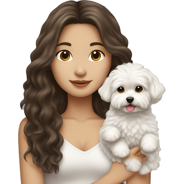 Brunette long haired girl holding white maltipoo