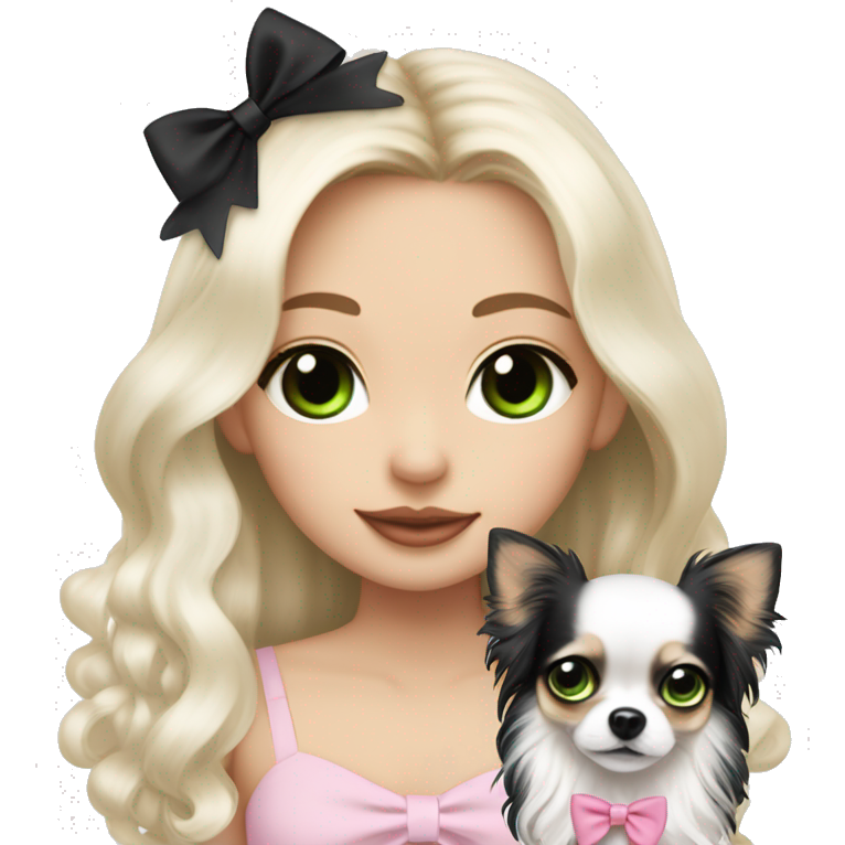 Pale blonde girl with long platinum white wavy hair with bright green eyes and wearing a light pink hair bow holding a black and white long haired chihuahua puppy also wearing a hair bow