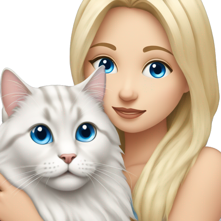 Pretty Blonde haired blue eyed woman snuggling a Siberian cat with blue eyes