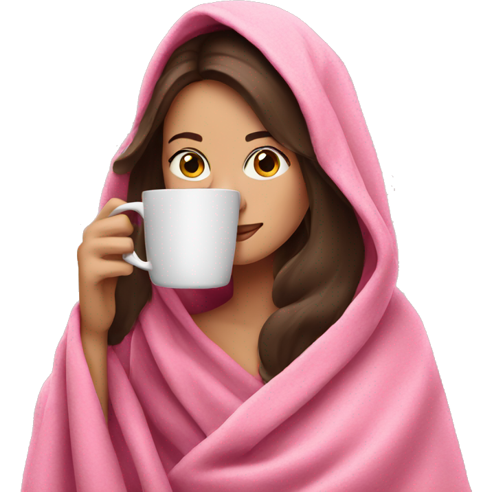 Brunette Drinking coffee wrapped in pink blanket
