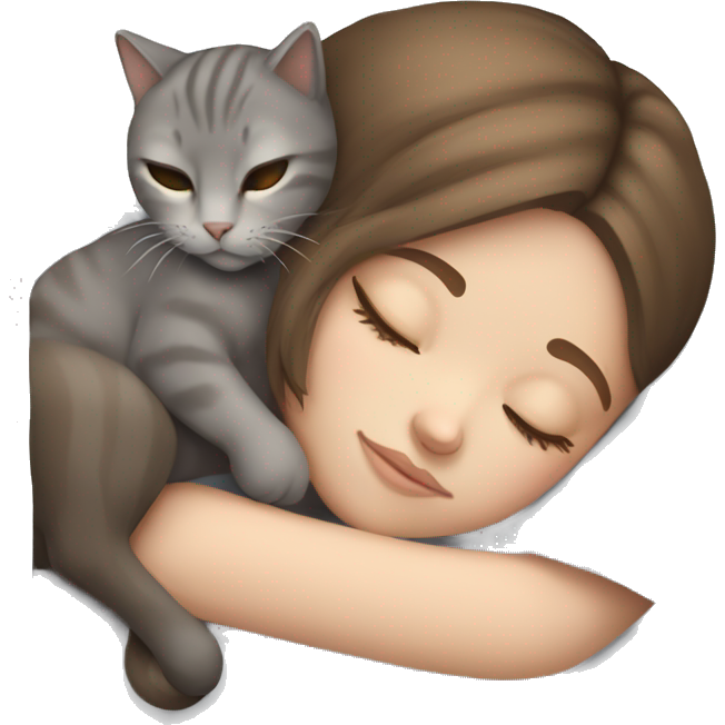White girl brown hair sleeping with gray cat