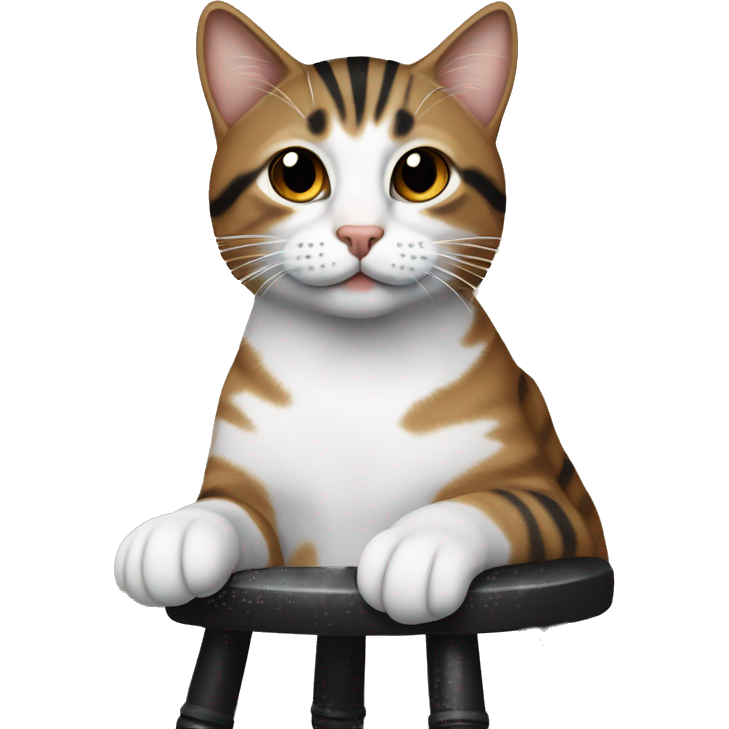 Tabby cat with brown and black strips with white under coat on a barstool
