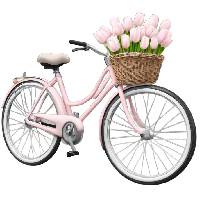Realistic light pink bicycle with basket of white tulips at front