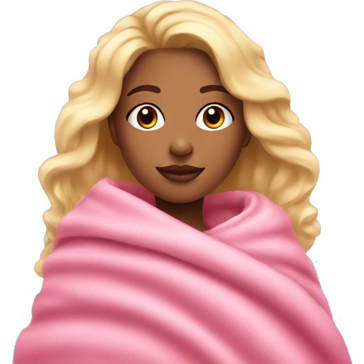 Blonde girl with makeup on with a pink blanket around looking cozy