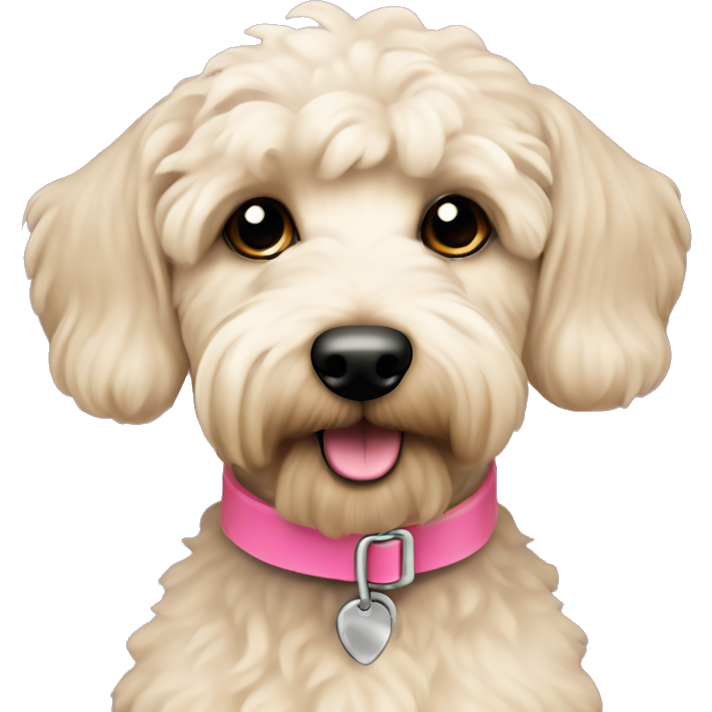Cream coloured schnoodle dog with pink collar
