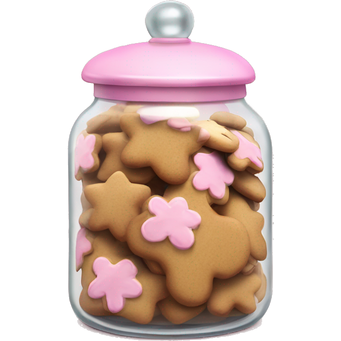 Realistic glass cookie jar with light pink lid full of gingerbread cookies isolated.