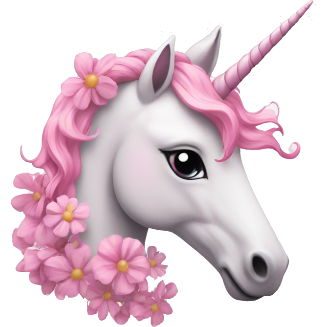 Pink unicorn with flowers on a white cloud