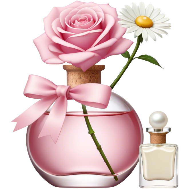 A beautiful aesthetic single rose in white and pink with an ivory bow and a pearl white perfume bottle with a white daisy on the cork